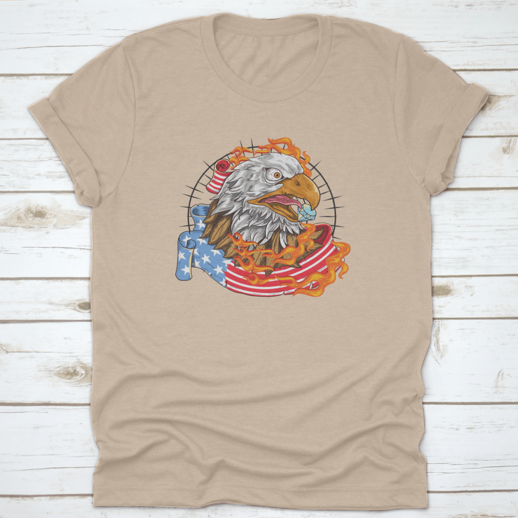 A stylish t-shirt featuring a flaming eagle with a diamond on its beak, showcasing a patriotic design.
